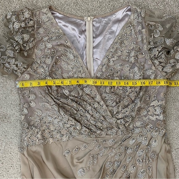 Mac Duggal 20346 Embellished Faux Wrap Illusion Puff Sleeve Gown Taupe 14 - Picture 3 of 13